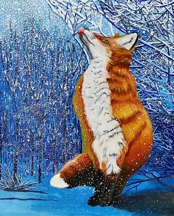 oil painting, painting, red fox, snow fall, snow, dusk, Judy Goddard