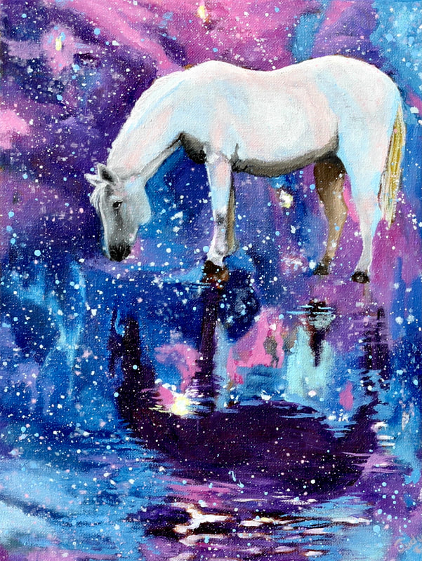oil painting, painting, white horse, reflection, outer space, Judy Goddard