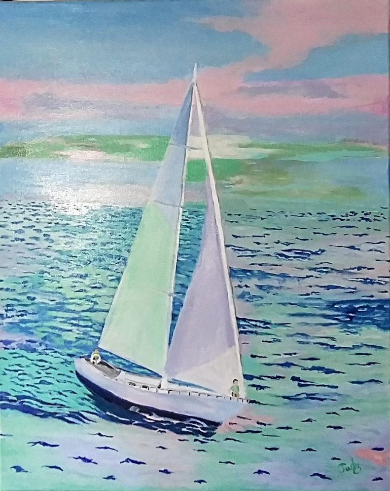 mixed media, painting, sailboat, sailing, Judy Goddard