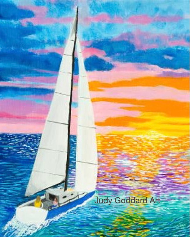 mixed media, painting, sailboat, sailing, sunset, Judy Goddard