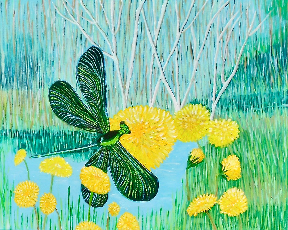 mixed media, painting, joy, dragonfly, dandelion, Judy Goddard