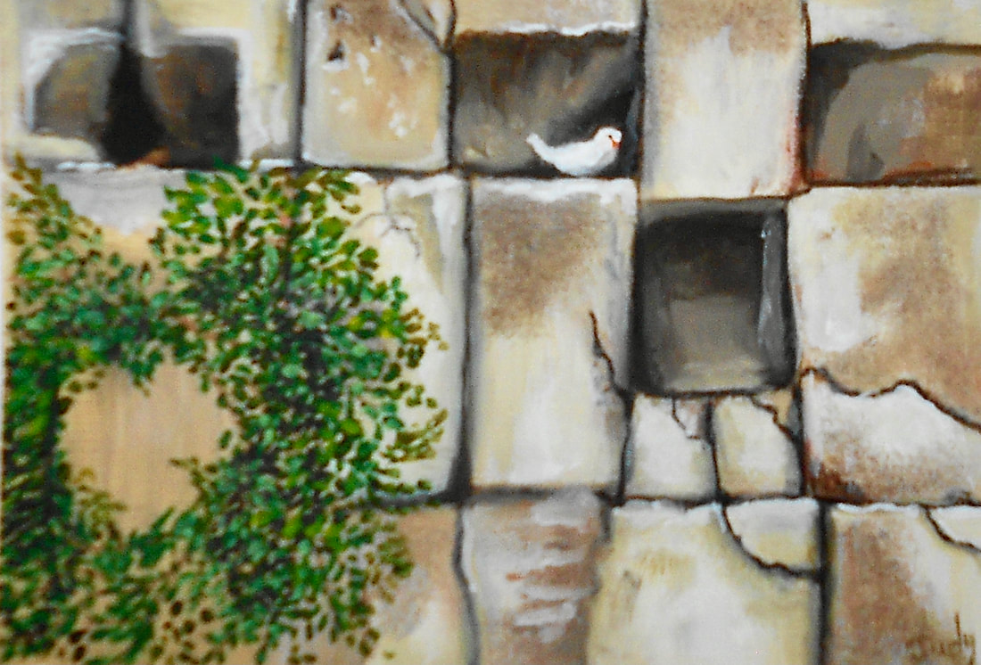 painting, mixed media, white dove, Jerusalem, Western Wall,