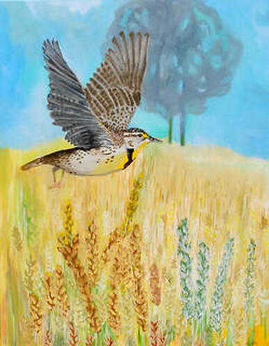 mixed media, painting, lark, meadow lark, wheat field, wheat, Judy Goddard