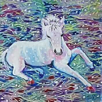 Painting, White horse, white foal, Mixed media