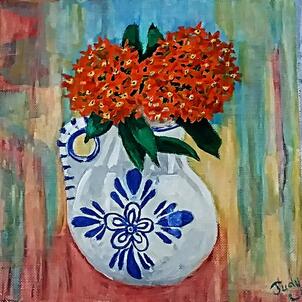 painting, mixed media, white pitcher, orange flowers, butterfly weed