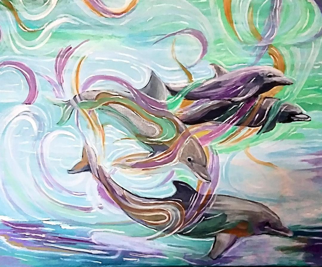 oil painting, painting, dolphins, swimming dolphins, Judy Goddard